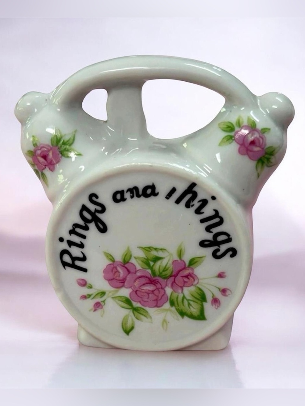 Ceramic 'Rings and Things' Trinket Holder with Pink Rose Décor 🩷